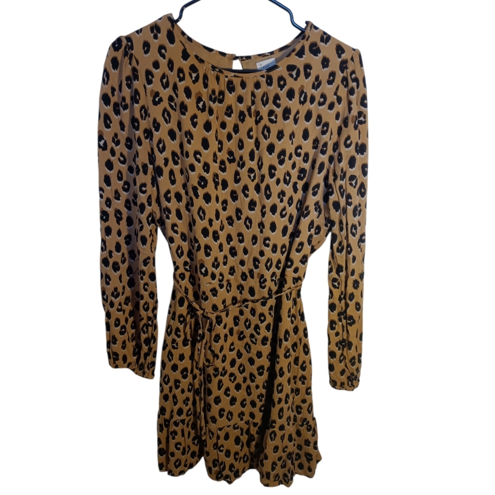 A New Day Leopard Midi Dress With Ruffle Hem And Long Sleeves Tie Belt Medium - Picture 3 of 8